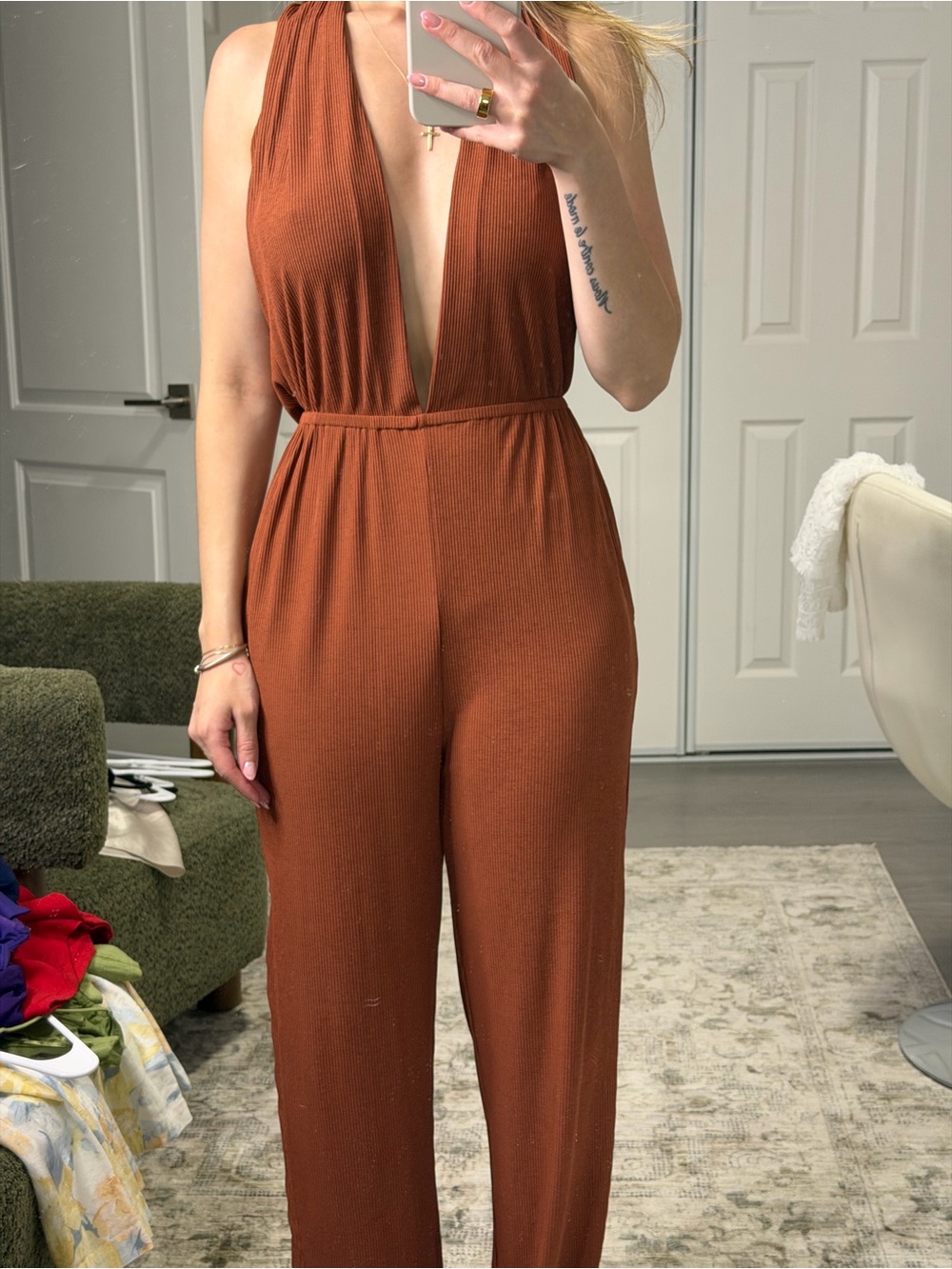 Deep V Halter Wide-Leg Jumpsuit in Rust